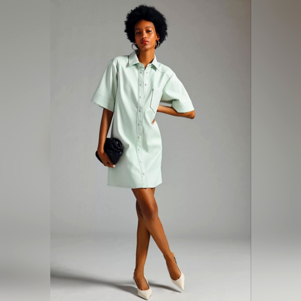 NWOT Anthropologie Maeve Faux Leather Mint Shirt Dress